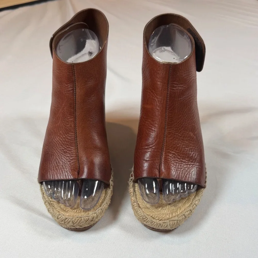 Celine Slingback Brown Leather Espadrille Wedge Sandals Open Toe Ankle Strap 38g